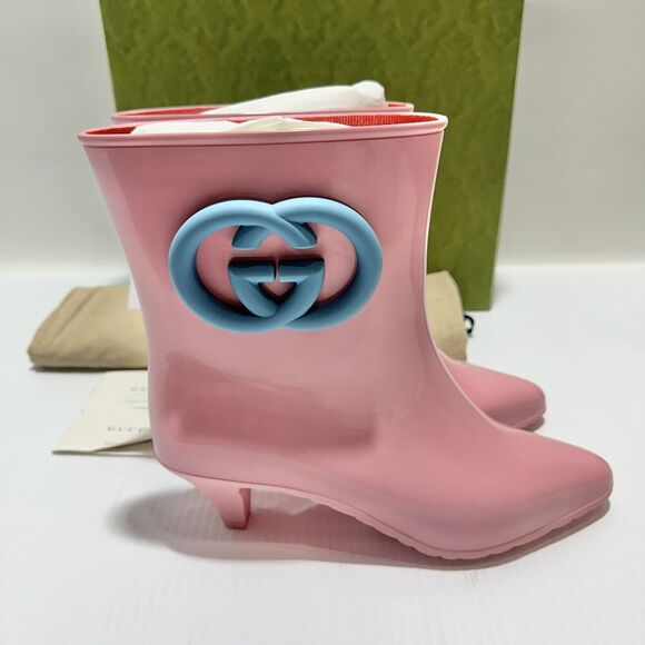 Gucci Interlocking G Size 37/ US 7 Ankle Rubber Rain Boots Pink Blue NIB - Picture 8 of 15